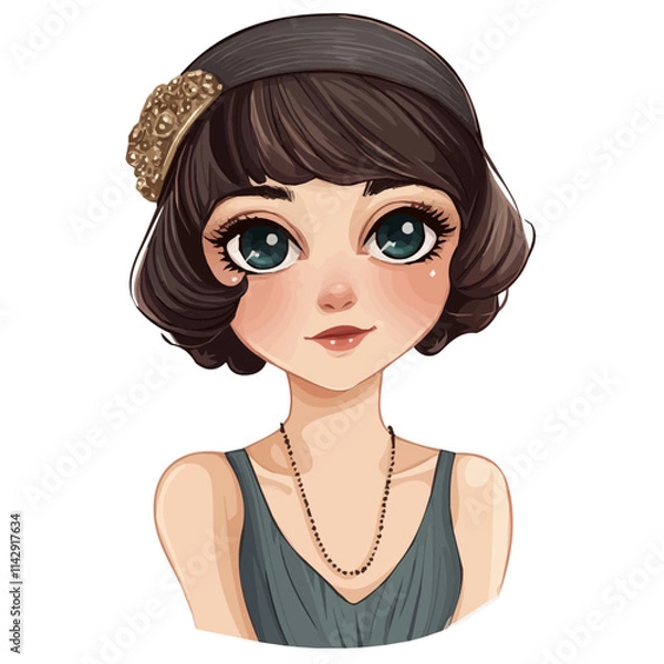 Obraz Cute Girl with 1920s Flapper Style – Elegant Vector Illustration for Vintage Fashion Projects  
