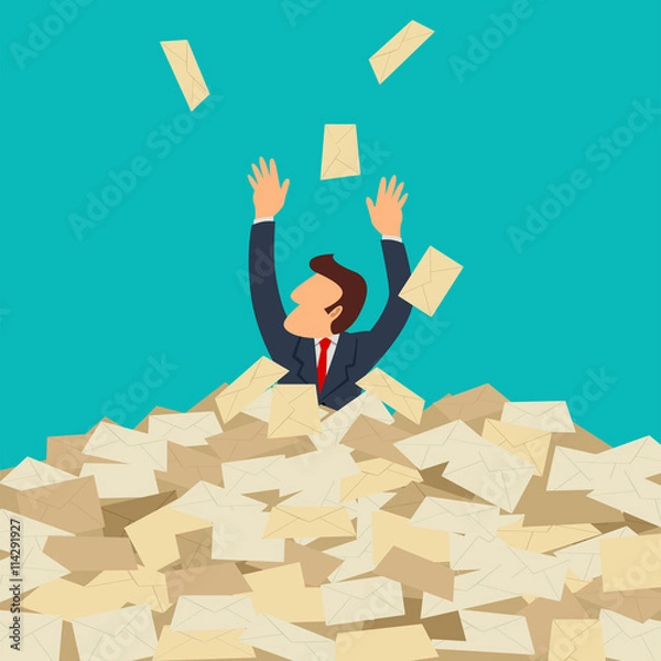 Fototapeta Businessman buried in letters, spam, overload concept