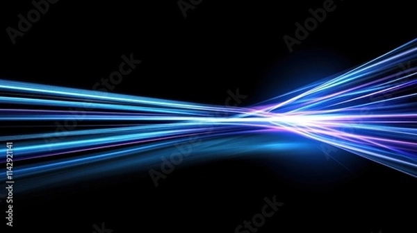 Fototapeta Blue and purple light trails flowing across black background. Abstract digital motion concept.