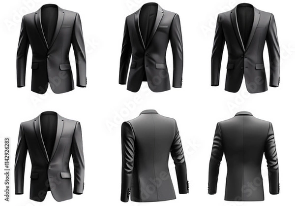 Fototapeta a black suit jacket mockup in six different views front. back. and side the suit jacket is a classic design with a single button closure