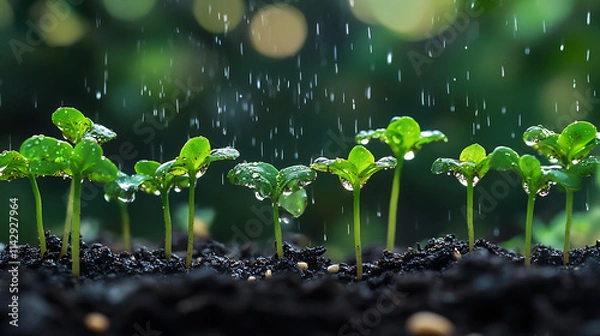Fototapeta New Beginnings: A vibrant image of delicate seedlings sprouting through rich soil, nourished by a gentle rain shower, symbolizing fresh starts, growth, and the promise of a bountiful future. 