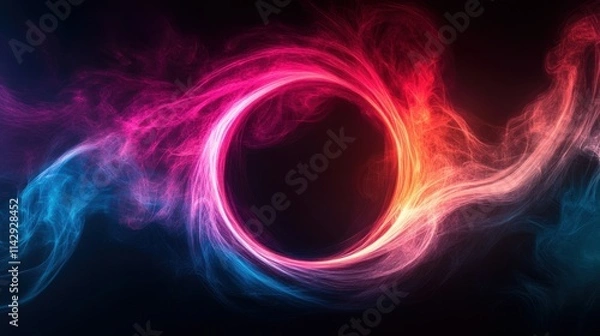 Fototapeta Abstract colorful smoke circle with blue, pink, and red light effects on dark background. Digital artwork