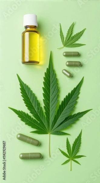 Fototapeta Bottle of cbd oil and some pills on a green surface