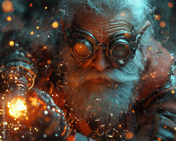 Fototapeta aged gnome tinkerer, his face covered in soot, works intently on a glowing mechanical device