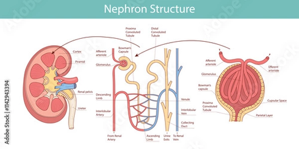 Fototapeta Structure of the nephron of the kidney. Vector medical illustration