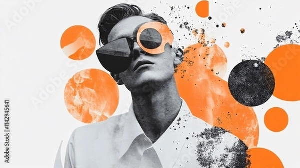 Obraz Stylish Man in Sunglasses with Orange and Black Circles - Modern and Abstract Portrait