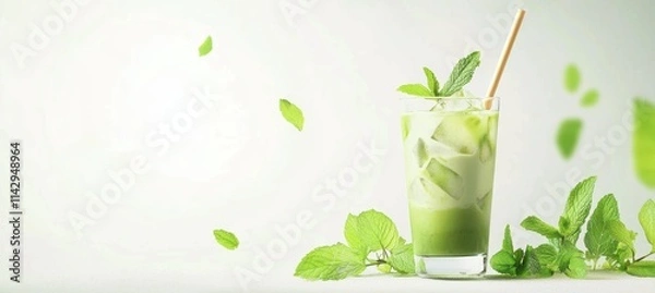 Fototapeta Refreshing Iced Matcha Tea with Mint Leaves and Bamboo Straw on Bright Background for Branding
