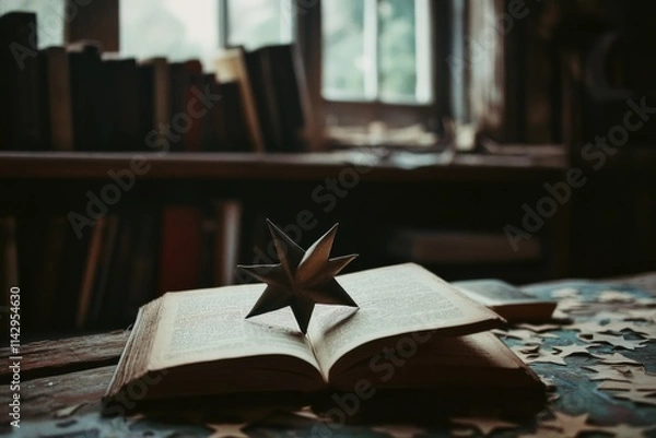 Fototapeta A paper star rests atop an open book on a sunlit table, surrounded by scattered puzzle pieces, blending literature with playful curiosity.