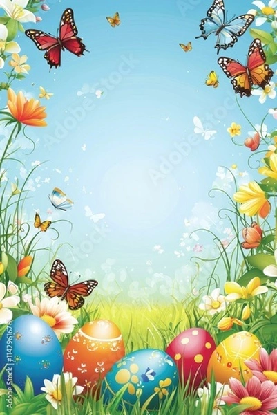Obraz Joyful Easter Greeting Card Template with Spring Garden, Butterflies, and Colorful Eggs Design