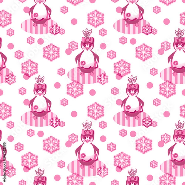 Fototapeta Penguin in Pink with Polka Dots Repeat Pattern 