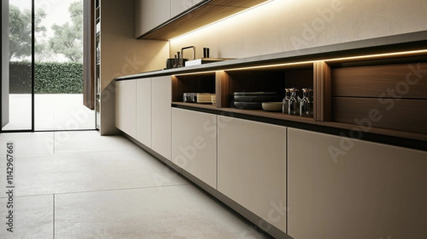 Obraz Modern minimalist kitchen , close up shot, beige cabinets floor to ceiling, combined with walnut wood open cabinets with led lights, floating ceiling. Natural light. generative AI.