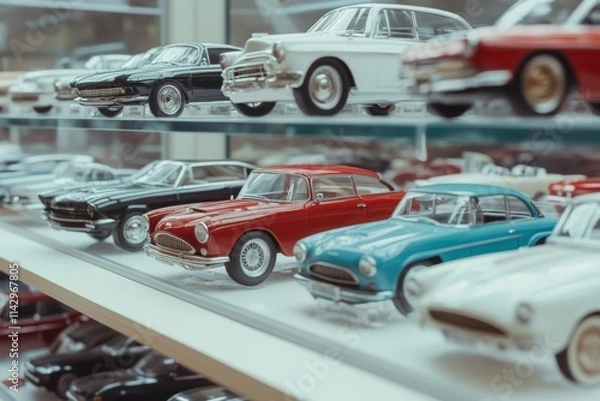 Obraz A shelf displays a collection of vintage model cars, their shiny exteriors reflecting light, evoking nostalgia and a passion for classic automobiles.