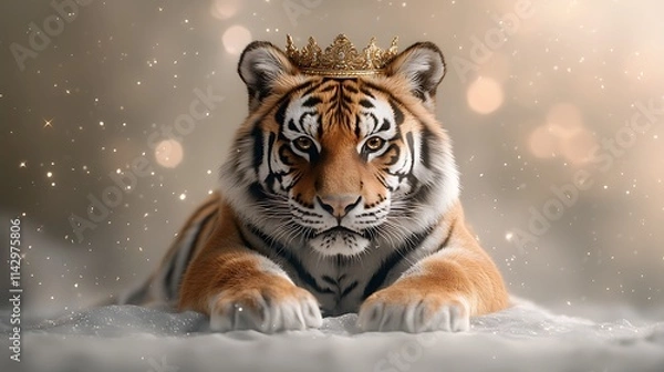 Fototapeta A 3D tiger wearing a royal crown and sitting on a throne, detailed fur and props. Ultra-Realistic, Photo Realistic, highly detailed 