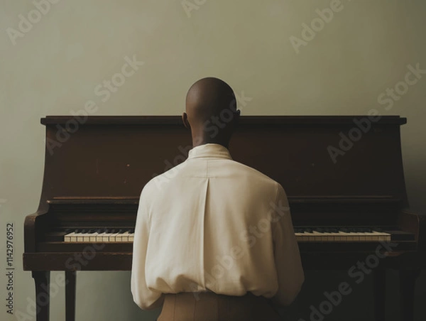 Fototapeta A black man playing the piano in a warm, harmonious scene. He wears an elegant beige suit, surrounded by earthy brown tones. A celebration of art, music, and creativity with timeless elegance.
