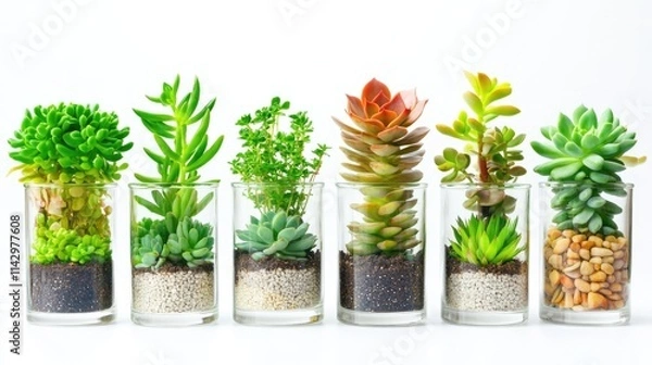 Fototapeta Succulents arranged in glass containers with layered soil and pebbles, showcased against a clean white background, ideal for minimalist decor ideas.