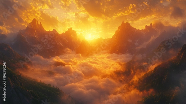 Obraz sun's golden rays illuminate a vast sea of clouds surrounding snowy peaks at dawn