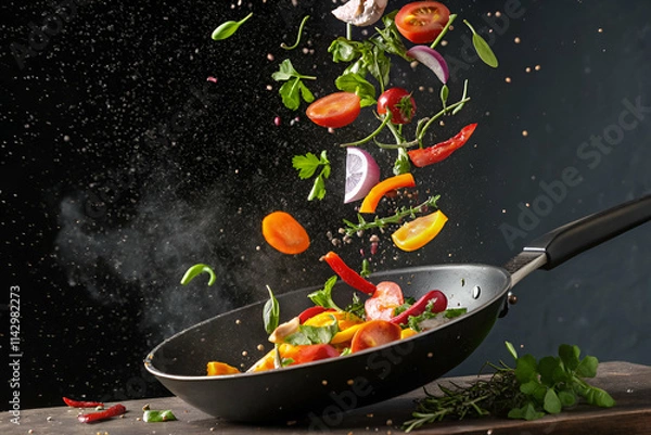 Obraz A vibrant display of fresh vegetables being tossed in a frying pan, capturing the essence of cooking and healthy eating.