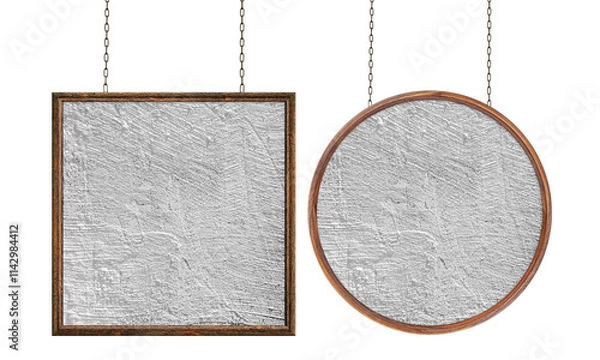 Fototapeta Wooden blank dirty sign hanging on iron chains. Set frame with textured painted surface. Signboard isolated on white