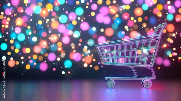 Fototapeta Shopping cart illuminated by colorful lights creates a festive atmosphere for holiday season