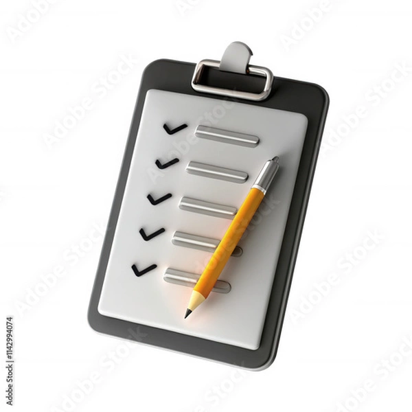 Obraz A modern 3D rendering of a clipboard filled with checkmarks and a yellow pencil, designed for task management and organization.