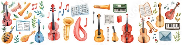 Fototapeta Colorful musical instruments and sheet music in vibrant watercolor style, isolated on transparent background.