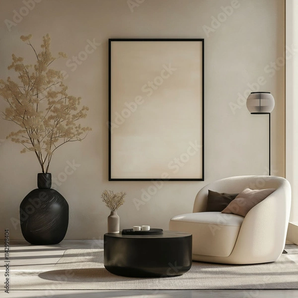 Fototapeta Interior design of living room with mock up poster frame, modern black coffee table, beige sofa, vase with rowan, rounded shapes armchair, pouf. lamp and personal accessories. Home decor. 