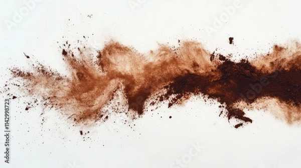 Fototapeta Fine brown powder explodes against a white background, creating a vibrant cloud of color reminiscent of the vibrant hues of Holi paint.
