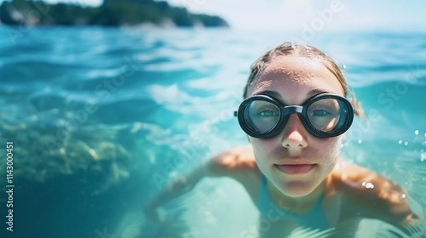 Obraz Turquoise Bliss: A Girl’s Playful Dive into Summer Waters