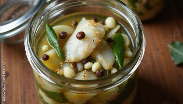 Fototapeta Close-up of pickled herring in glass jar with onions, bay leaves, and peppercorns, artisanal and fresh
