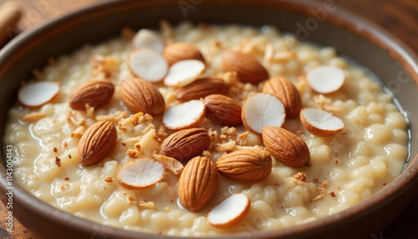 Fototapeta Close-up of quinoa porridge with almonds, coconut, and cinnamon, wholesome and minimalist presentation