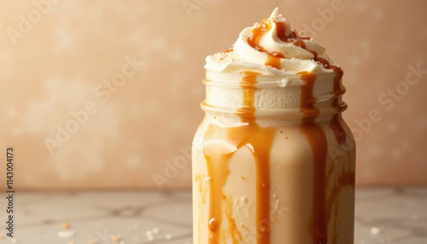 Obraz Close-up of salted caramel milkshake in mason jar, creamy texture with caramel swirls, whipped cream and sea salt