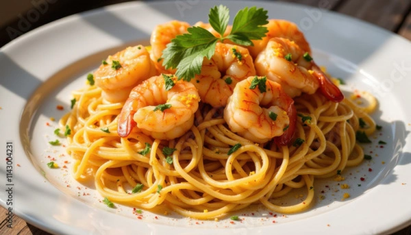 Obraz Shrimp scampi pasta with garlic butter sauce, fresh parsley and lemon zest, rustic white plate