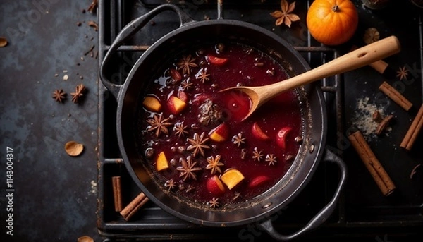 Obraz Top-down view of simmering mulled wine with cinnamon, cloves, and orange peels, festive and warm atmosphere