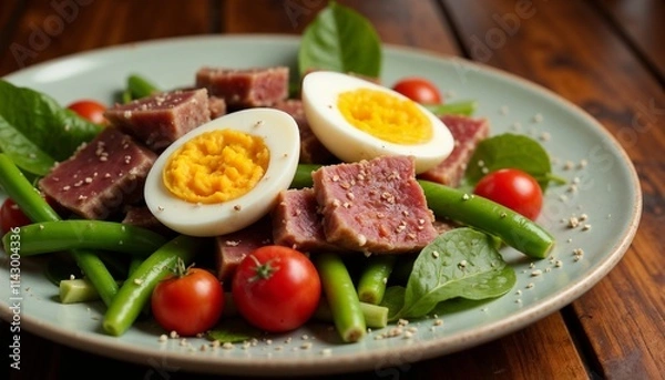 Obraz Close-up of Niçoise salad with tuna, eggs, green beans, and tomatoes, minimalist clean presentation