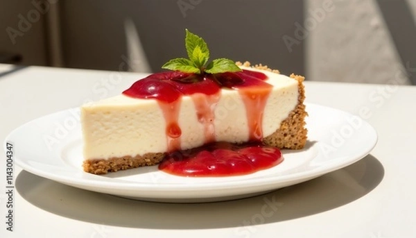 Obraz Slice of creamy no-bake cheesecake with strawberry sauce and graham cracker crust, minimalist presentation