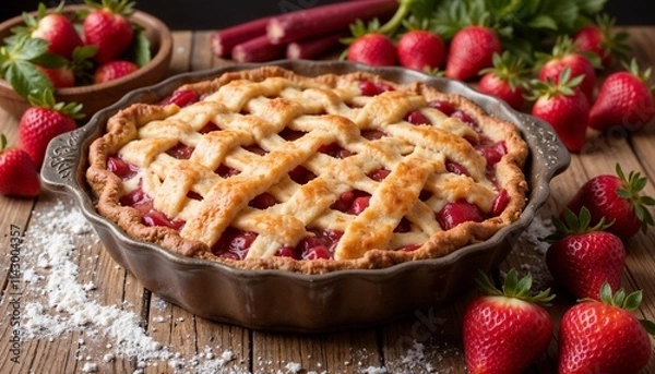 Fototapeta Homemade strawberry rhubarb pie with lattice top, vintage dish, fresh fruit and rustic charm