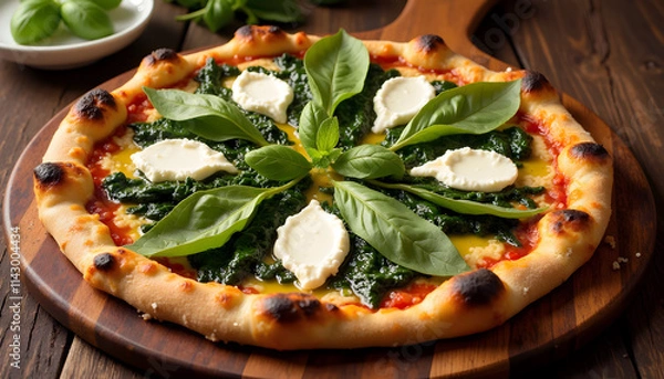 Obraz Spinach and ricotta pizza with crispy crust, olive oil, and fresh basil, rustic wooden pizza board
