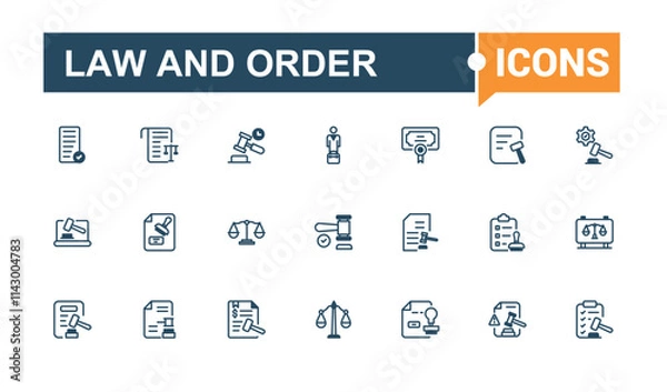 Fototapeta Law and Order icon set. Icon authority, graphic, judge, justice, judgement, hand, web, police. Flat UI icon design. Editable vector outline and solid icons.