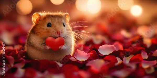 Fototapeta A small hamster clutches a heart while sitting among vibrant rose petals. The warm lights in the background create a cozy and romantic ambiance. Generative AI