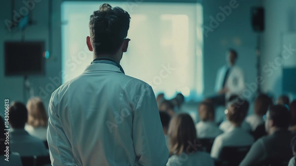 Fototapeta A doctor in a modern hall hearing lecture and looking a presentation on the screen