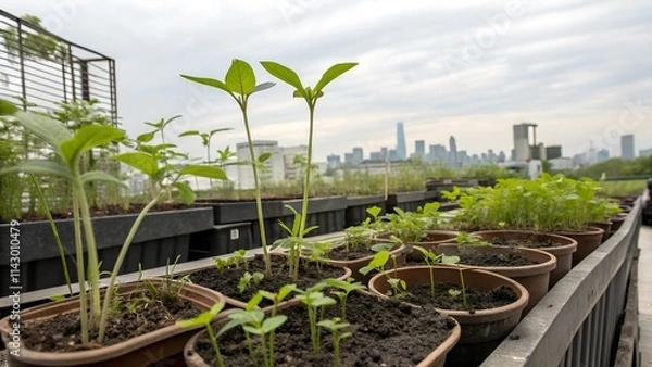 Fototapeta A close-up view of young plants growing in terracotta pots on a rooftop garden, with a cityscape in the background.