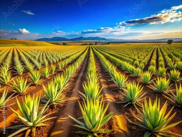 Obraz A panoramic view of a thriving aloe vera plantation, succulent plants flourishing in the desert's harsh beauty.