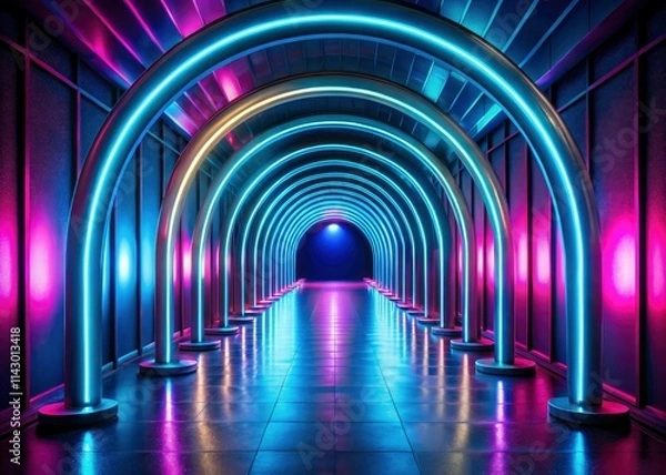 Fototapeta Cyberpunk corridor: neon archway glows dimly, futuristic architecture dominates the low-light cityscape.