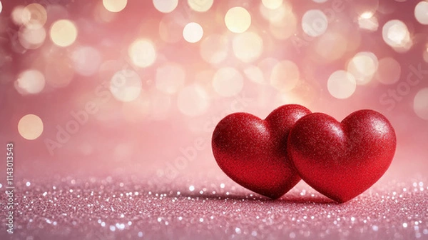 Fototapeta Two red hearts on a pink background with glitter and bokeh lights, designed as a romantic Valentine's Day card template for love or wedding celebrations.