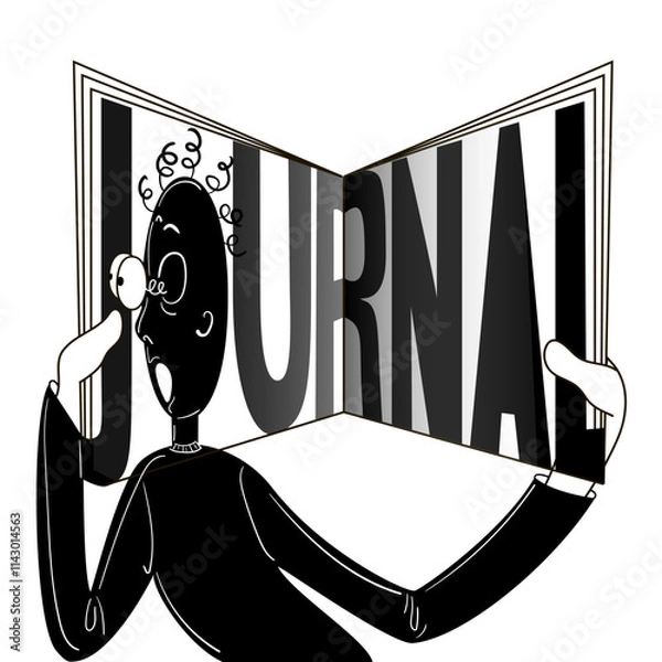 Fototapeta Concept of the journal. A funny little man with bulging eyes and spiky hair is reading a journal. Stock vector illustration in black isolated  on a white background.