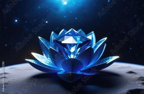 Fototapeta A radiant blue lotus-shaped gemstone glowing softly on a cosmic surface, surrounded by stars in the infinite universe, symbolizing serenity and cosmic energy