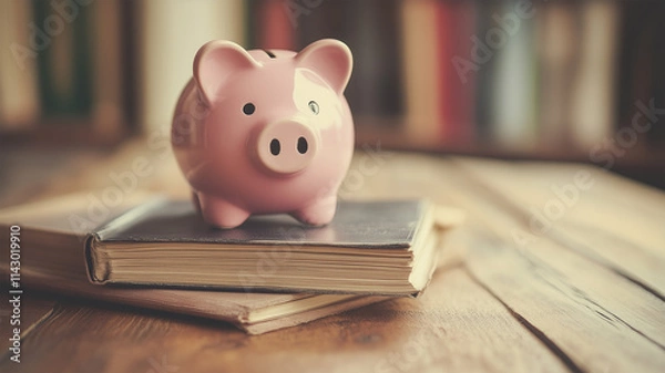 Fototapeta クラシックな木製テーブルに置かれた投資ガイドと貯金箱