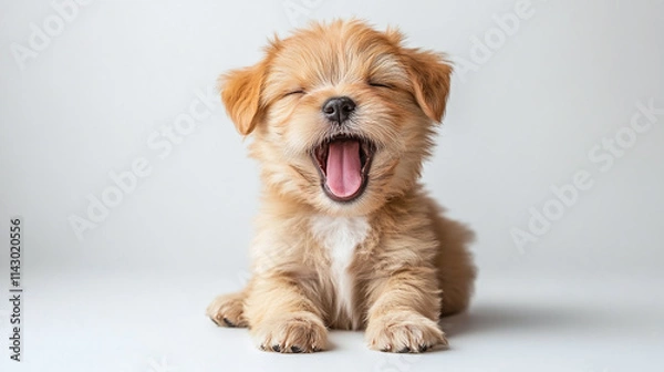 Obraz Cute adorable little puppy dog yawning isolated on white background. funny and sweet small domestic baby pet animal, tired lovely fluffy companion, open mouth, sleep, rest.
