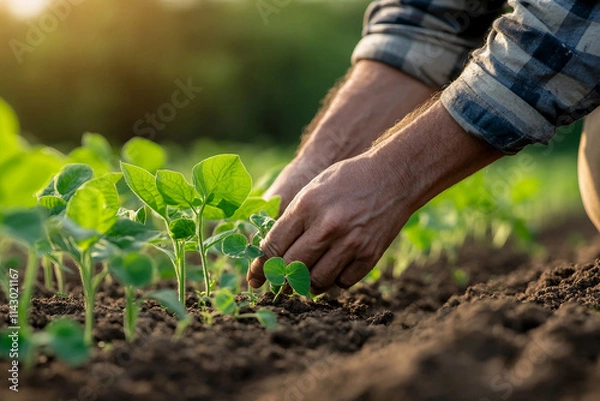 Fototapeta Artificial intelligence farmer robot tending plants in a green field generative AI