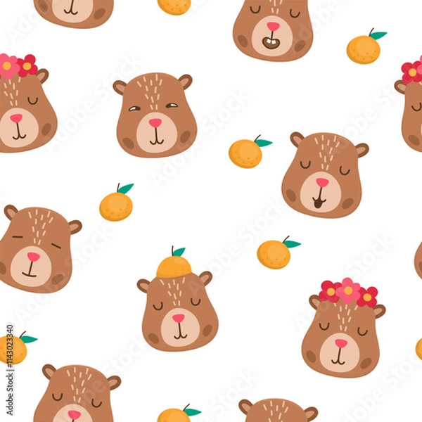 Fototapeta Vector capybara seamless pattern. Cute repeat background with happy, excited, relaxed capibara heads. Funny digital paper with cute animal faces showing different positive emotions